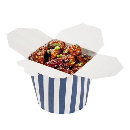 Bio Tek 26 oz Round Blue and White Stripe Paper Noodle Take Out Container - 4" x 3 1/2" x 3 3/4" - 50 count box