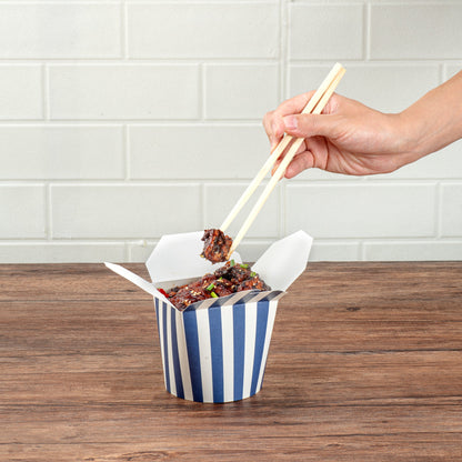 Bio Tek 26 oz Round Blue and White Stripe Paper Noodle Take Out Container - 4" x 3 1/2" x 3 3/4" - 50 count box