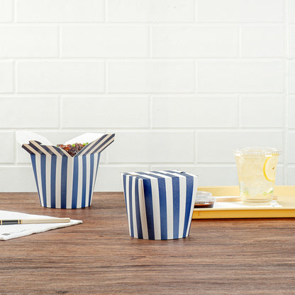 Bio Tek 26 oz Round Blue and White Stripe Paper Noodle Take Out Container - 4" x 3 1/2" x 3 3/4" - 200 count box