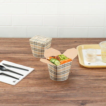Bio Tek 26 oz Round Plaid Paper Noodle Take Out Container - 4" x 3 1/2" x 3 3/4" - 50 count box