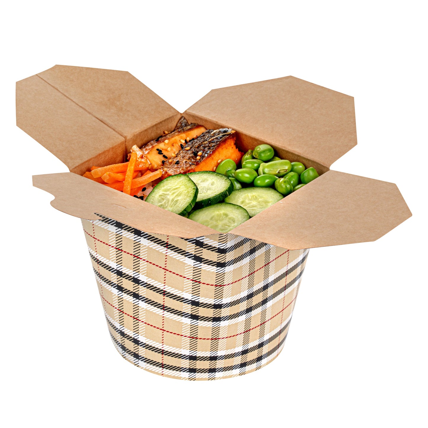 Bio Tek 26 oz Round Plaid Paper Noodle Take Out Container - 4" x 3 1/2" x 3 3/4" - 50 count box