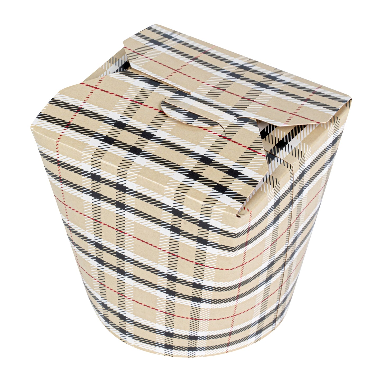 Bio Tek 26 oz Round Plaid Paper Noodle Take Out Container - 4" x 3 1/2" x 3 3/4" - 50 count box