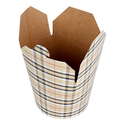 Bio Tek 26 oz Round Plaid Paper Noodle Take Out Container - 4" x 3 1/2" x 3 3/4" - 50 count box