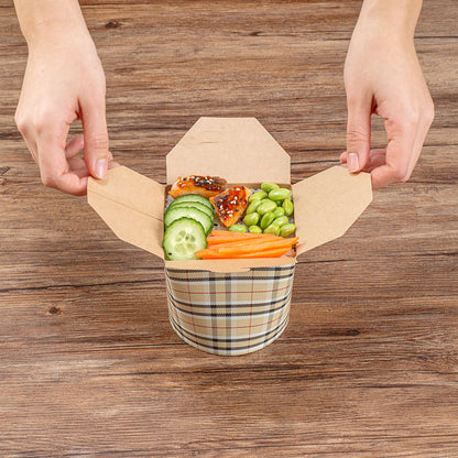 Bio Tek 26 oz Round Plaid Paper Noodle Take Out Container - 4" x 3 1/2" x 3 3/4" - 50 count box