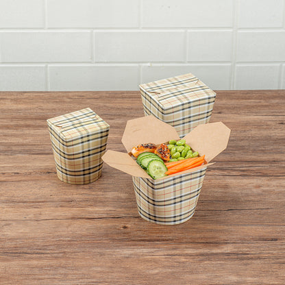 Bio Tek 26 oz Round Plaid Paper Noodle Take Out Container - 4" x 3 1/2" x 3 3/4" - 50 count box
