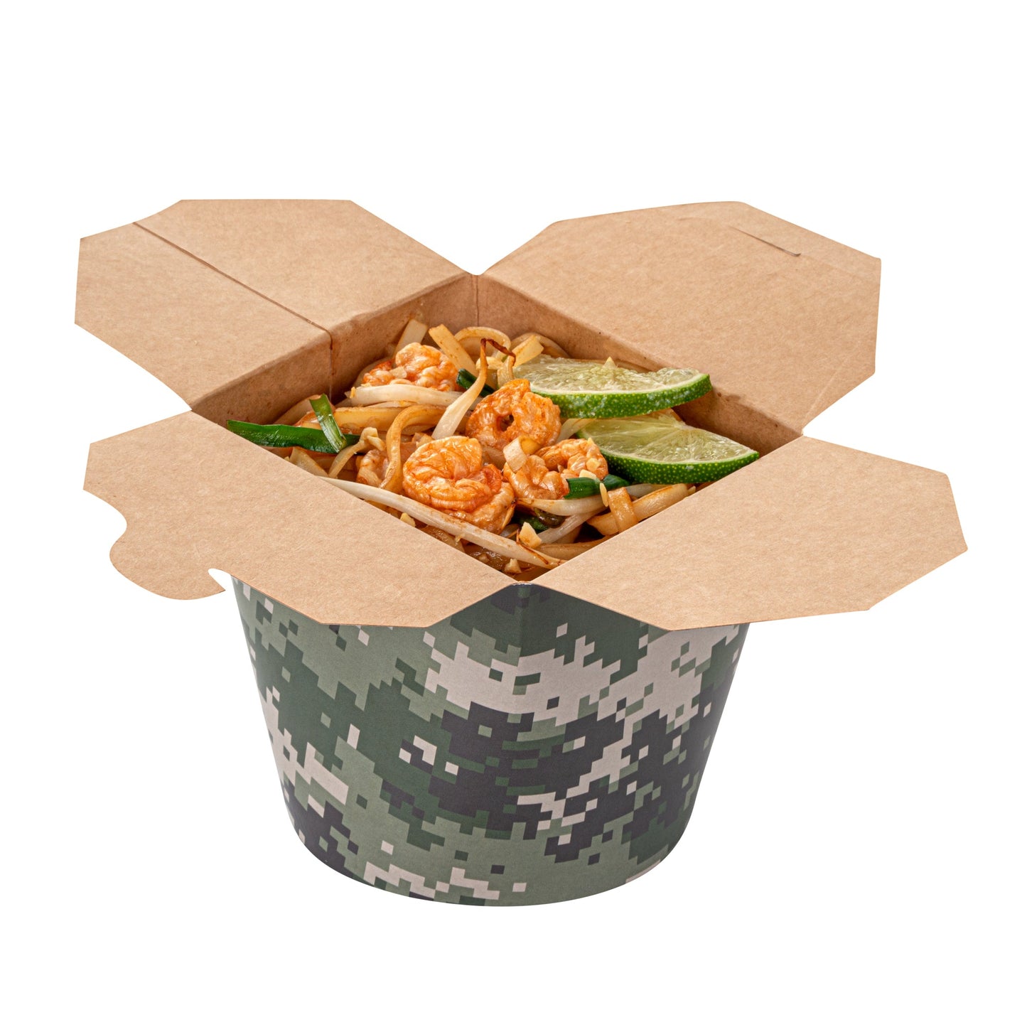 Bio Tek 26 oz Round Camouflage Paper Noodle Take Out Container - 4" x 3 1/2" x 3 3/4" - 50 count box
