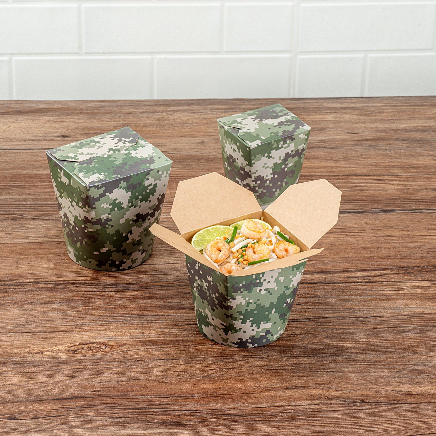 Bio Tek 26 oz Round Camouflage Paper Noodle Take Out Container - 4" x 3 1/2" x 3 3/4" - 200 count box