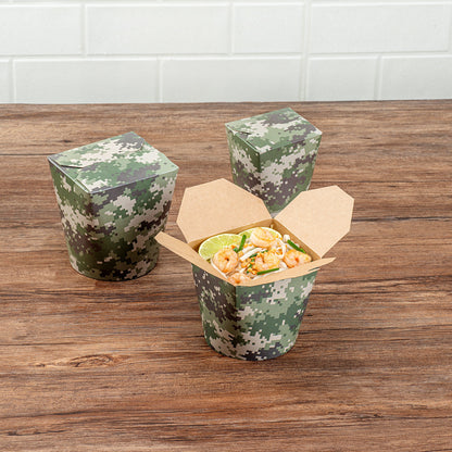 Bio Tek 26 oz Round Camouflage Paper Noodle Take Out Container - 4" x 3 1/2" x 3 3/4" - 200 count box