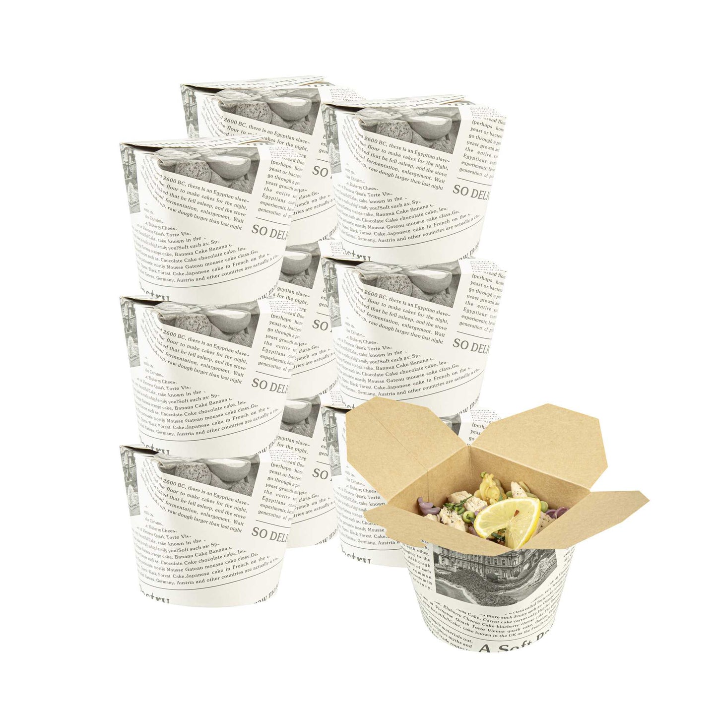Bio Tek 26 oz Round Newsprint Paper Noodle Take Out Container - 4" x 3 1/2" x 3 3/4" - 200 count box