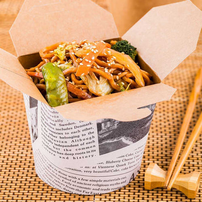Bio Tek 26 oz Round Newsprint Paper Noodle Take Out Container - 4" x 3 1/2" x 3 3/4" - 200 count box