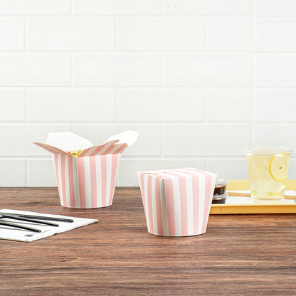 Bio Tek 26 oz Round Pink and White Stripe Paper Noodle Take Out Container - 4" x 3 1/2" x 3 3/4" - 200 count box
