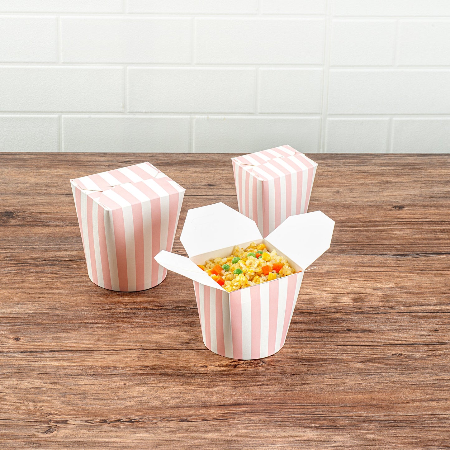 Bio Tek 26 oz Round Pink and White Stripe Paper Noodle Take Out Container - 4" x 3 1/2" x 3 3/4" - 200 count box