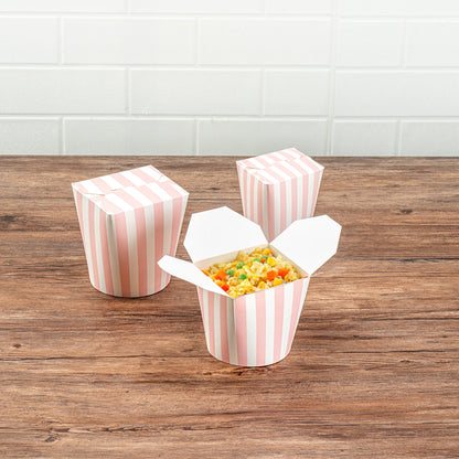 Bio Tek 26 oz Round Pink and White Stripe Paper Noodle Take Out Container - 4" x 3 1/2" x 3 3/4" - 200 count box