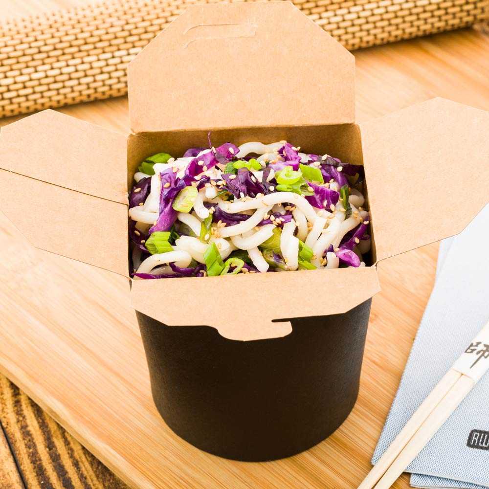 Bio Tek 32 oz Round Black Paper Noodle Take Out Container - 4" x 3 1/2" x 4 1/2" - 200 count box