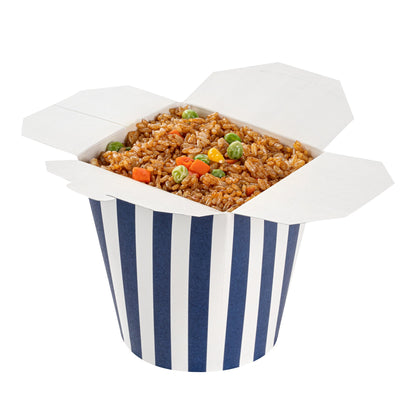 Bio Tek 32 oz Round Blue and White Stripe Paper Noodle Take Out Container - 4" x 3 1/2" x 4 1/2" - 50 count box
