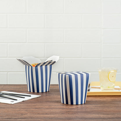 Bio Tek 32 oz Round Blue and White Stripe Paper Noodle Take Out Container - 4" x 3 1/2" x 4 1/2" - 50 count box
