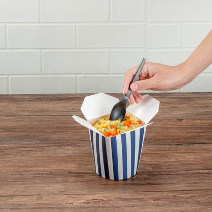 Bio Tek 32 oz Round Blue and White Stripe Paper Noodle Take Out Container - 4" x 3 1/2" x 4 1/2" - 50 count box