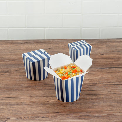 Bio Tek 32 oz Round Blue and White Stripe Paper Noodle Take Out Container - 4" x 3 1/2" x 4 1/2" - 200 count box