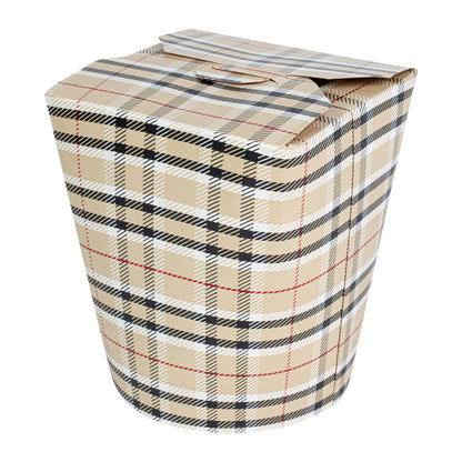 Bio Tek 32 oz Round Plaid Paper Noodle Take Out Container - 4" x 3 1/2" x 4 1/2" - 50 count box