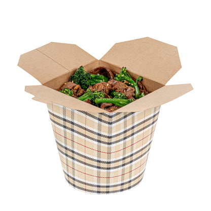 Bio Tek 32 oz Round Plaid Paper Noodle Take Out Container - 4" x 3 1/2" x 4 1/2" - 50 count box