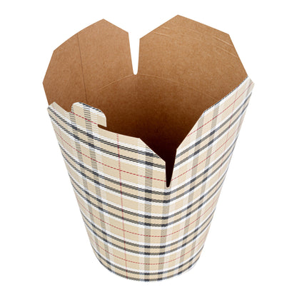 Bio Tek 32 oz Round Plaid Paper Noodle Take Out Container - 4" x 3 1/2" x 4 1/2" - 50 count box