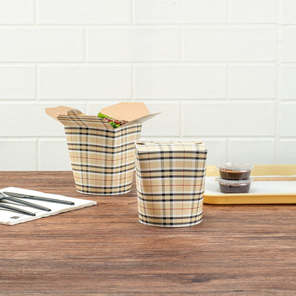 Bio Tek 32 oz Round Plaid Paper Noodle Take Out Container - 4" x 3 1/2" x 4 1/2" - 200 count box