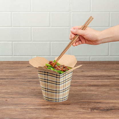Bio Tek 32 oz Round Plaid Paper Noodle Take Out Container - 4" x 3 1/2" x 4 1/2" - 200 count box