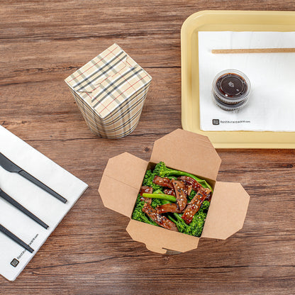 Bio Tek 32 oz Round Plaid Paper Noodle Take Out Container - 4" x 3 1/2" x 4 1/2" - 200 count box