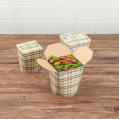 Bio Tek 32 oz Round Plaid Paper Noodle Take Out Container - 4" x 3 1/2" x 4 1/2" - 200 count box