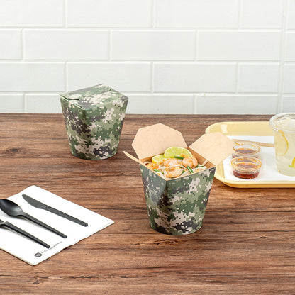 Bio Tek 32 oz Round Camouflage Paper Noodle Take Out Container - 4" x 3 1/2" x 4 1/2" - 200 count box