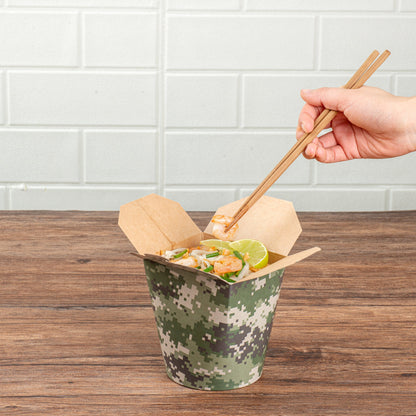 Bio Tek 32 oz Round Camouflage Paper Noodle Take Out Container - 4" x 3 1/2" x 4 1/2" - 50 count box