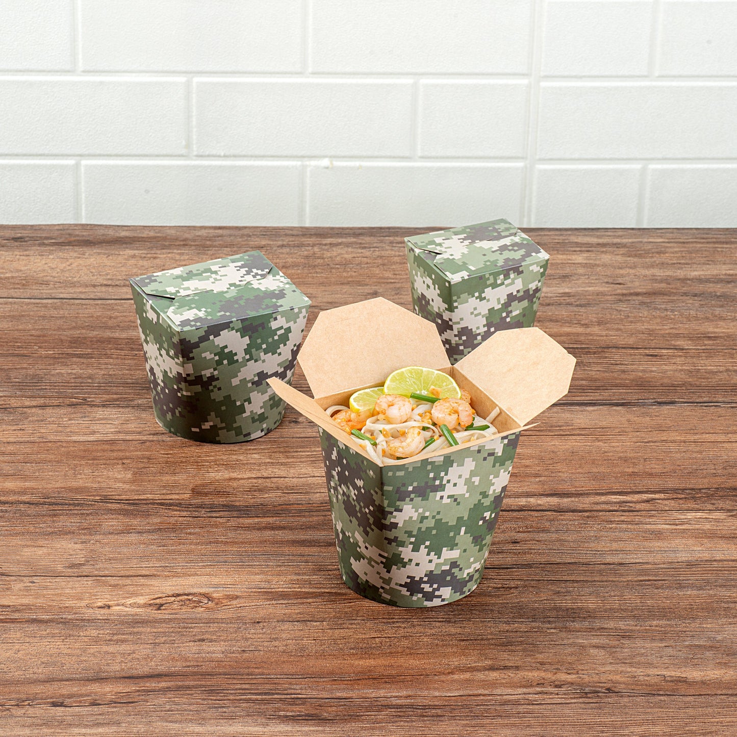 Bio Tek 32 oz Round Camouflage Paper Noodle Take Out Container - 4" x 3 1/2" x 4 1/2" - 50 count box