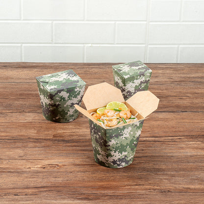Bio Tek 32 oz Round Camouflage Paper Noodle Take Out Container - 4" x 3 1/2" x 4 1/2" - 200 count box