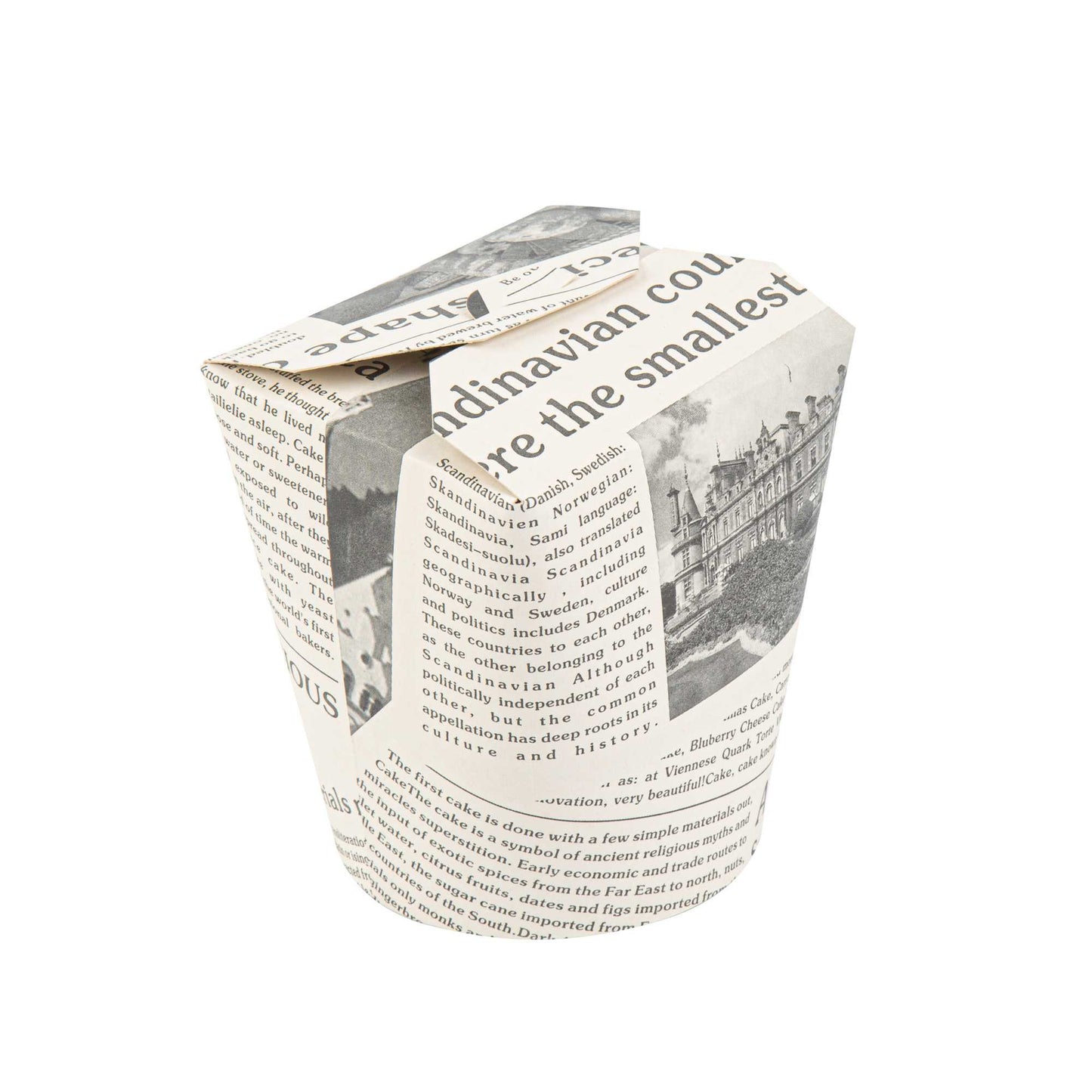 Bio Tek 32 oz Round Newsprint Paper Noodle Take Out Container - 4" x 3 1/2" x 4 1/2" - 50 count box