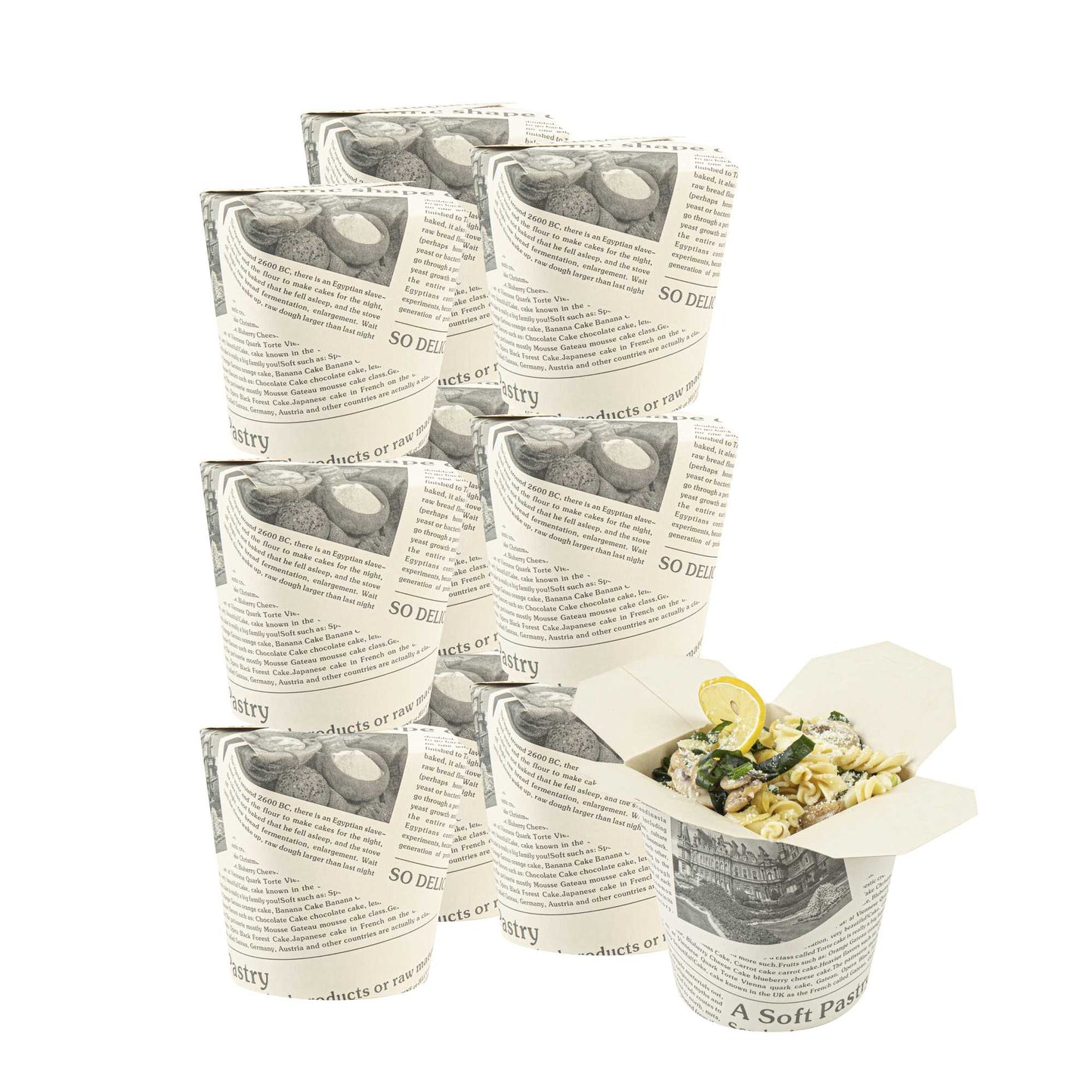 Bio Tek 32 oz Round Newsprint Paper Noodle Take Out Container - 4" x 3 1/2" x 4 1/2" - 50 count box