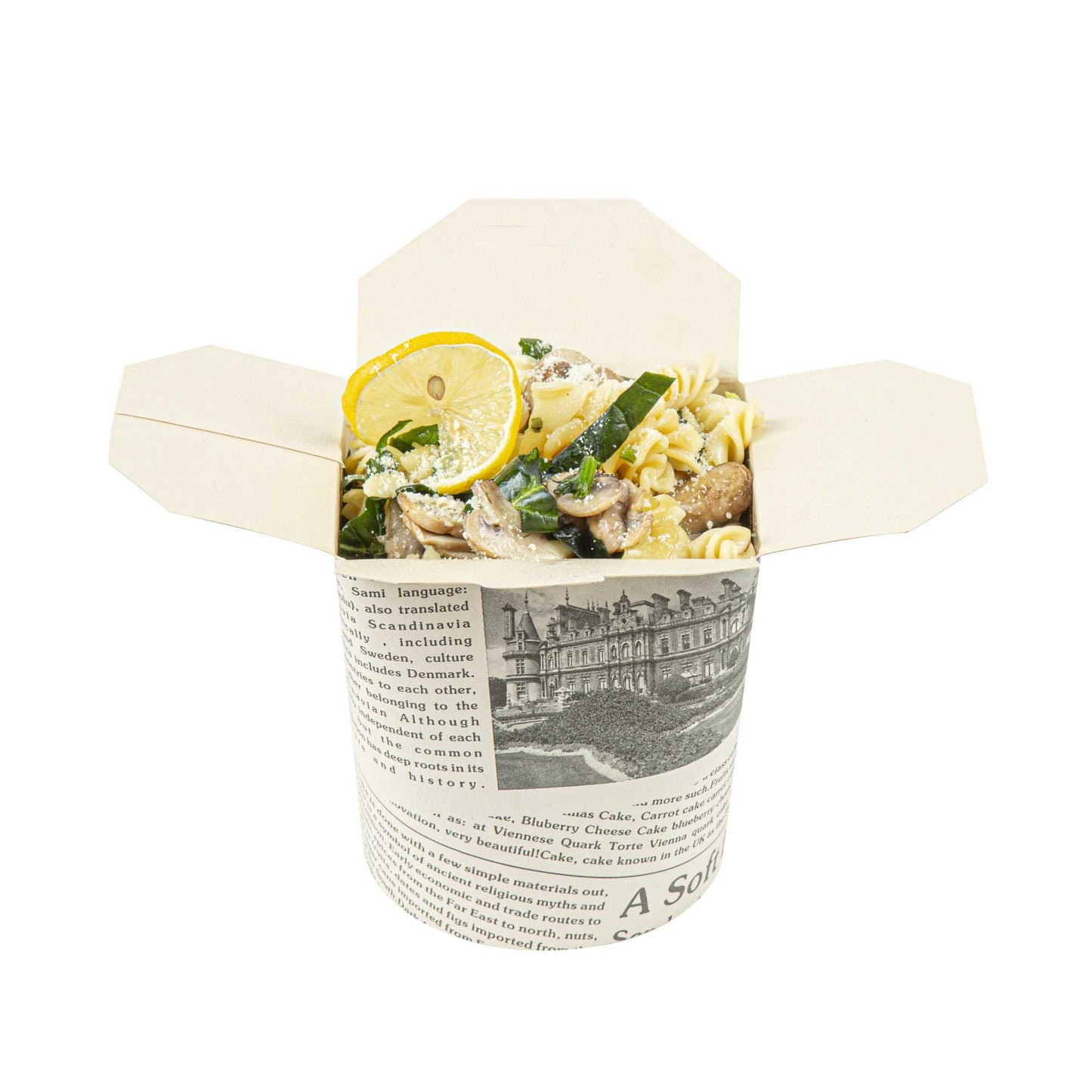 Bio Tek 32 oz Round Newsprint Paper Noodle Take Out Container - 4" x 3 1/2" x 4 1/2" - 50 count box