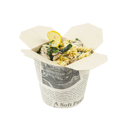 Bio Tek 32 oz Round Newsprint Paper Noodle Take Out Container - 4" x 3 1/2" x 4 1/2" - 200 count box