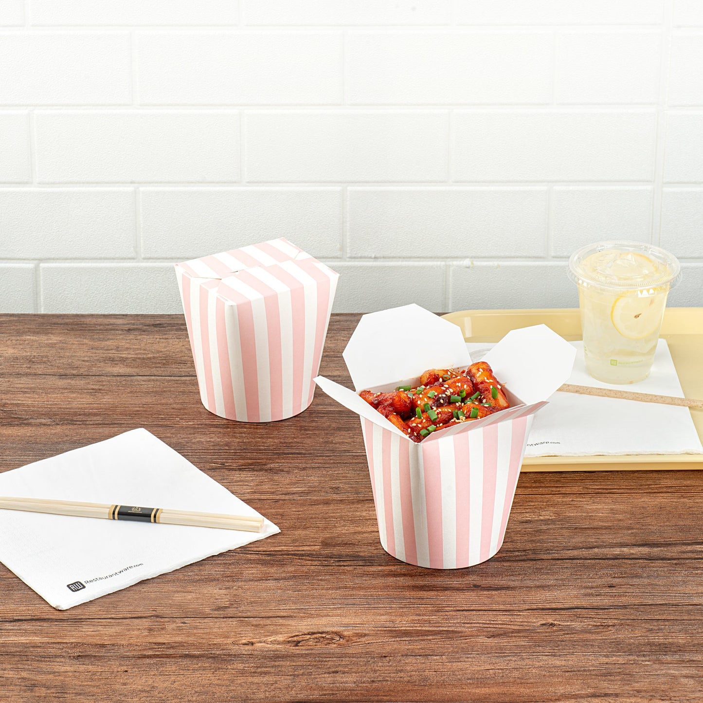 Bio Tek 32 oz Round Pink and White Stripe Paper Noodle Take Out Container - 4" x 3 1/2" x 4 1/2" - 200 count box