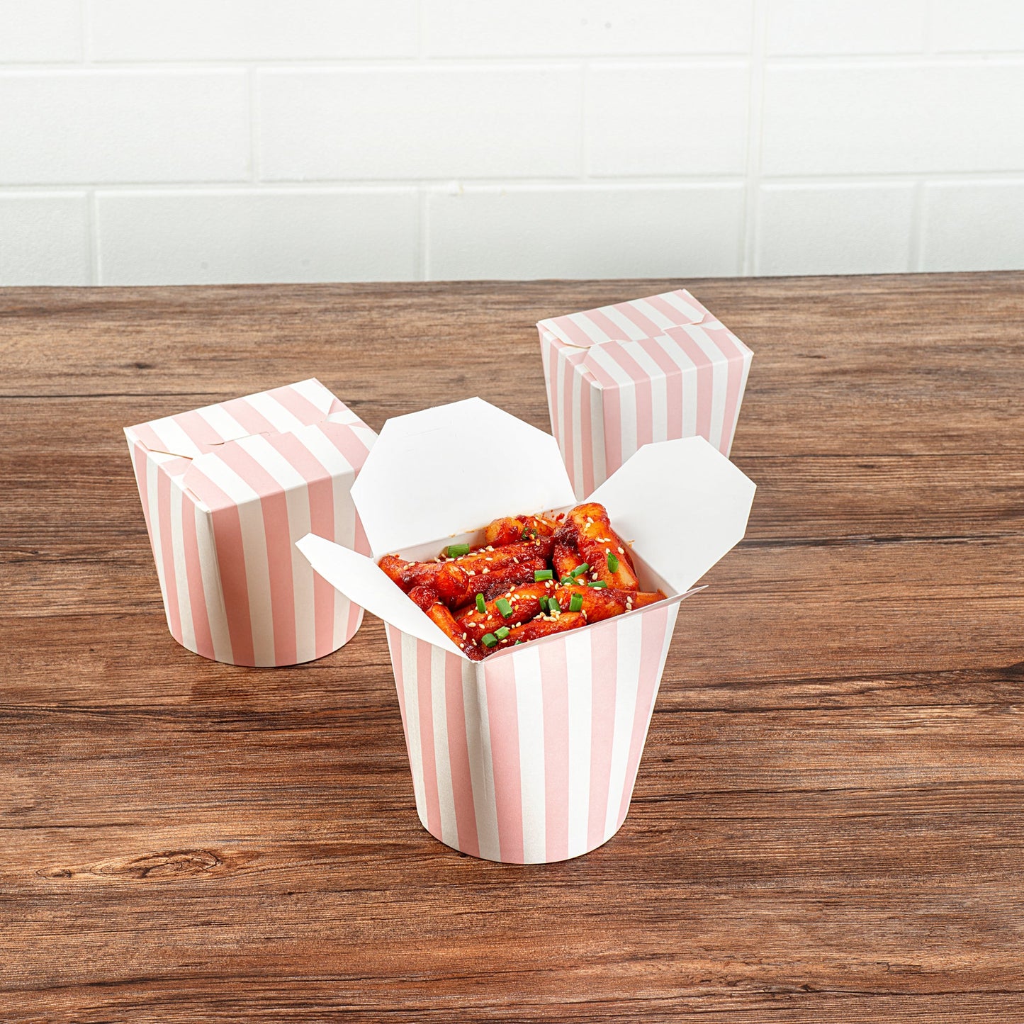 Bio Tek 32 oz Round Pink and White Stripe Paper Noodle Take Out Container - 4" x 3 1/2" x 4 1/2" - 50 count box