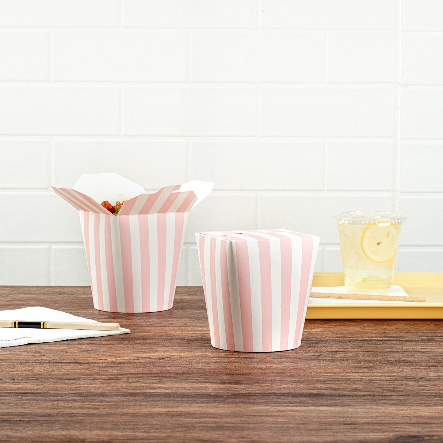 Bio Tek 32 oz Round Pink and White Stripe Paper Noodle Take Out Container - 4" x 3 1/2" x 4 1/2" - 200 count box