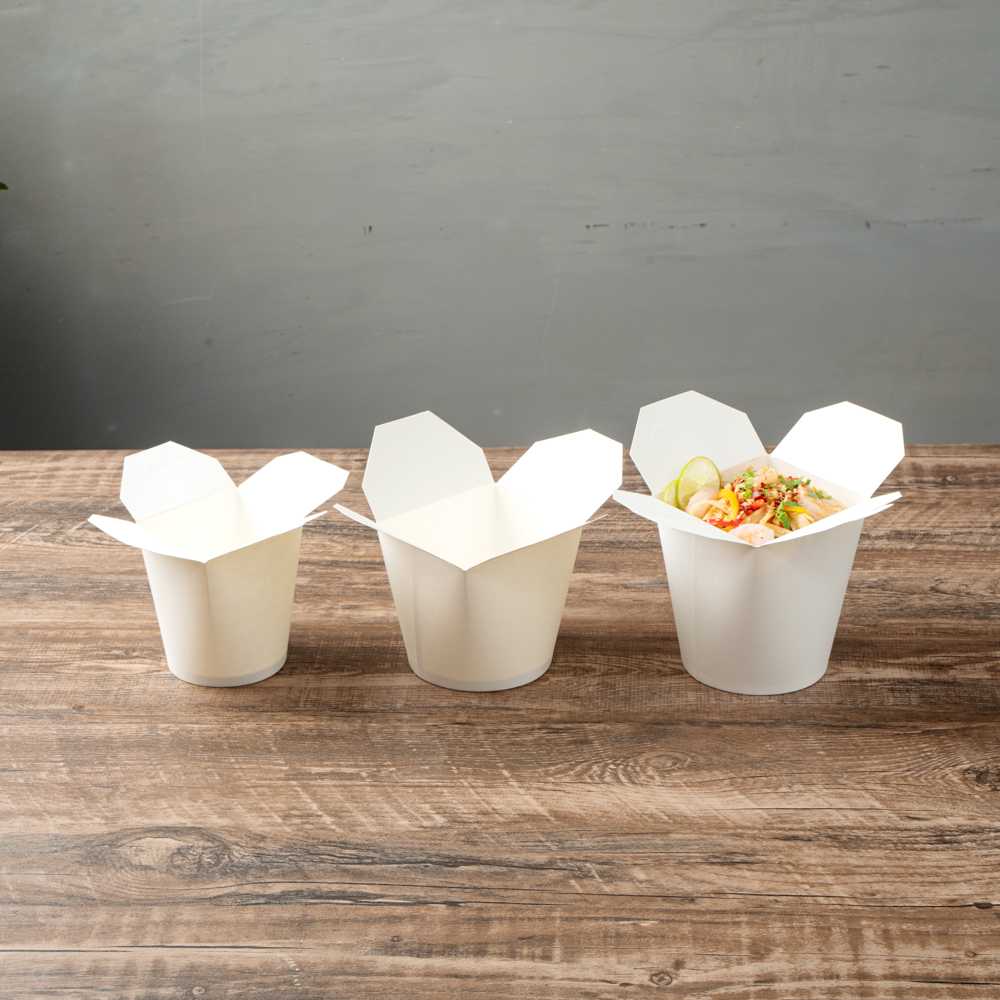 Bio Tek 32 oz Round White Paper Noodle Take Out Container - 4" x 3 1/2" x 4 1/2" - 50 count box