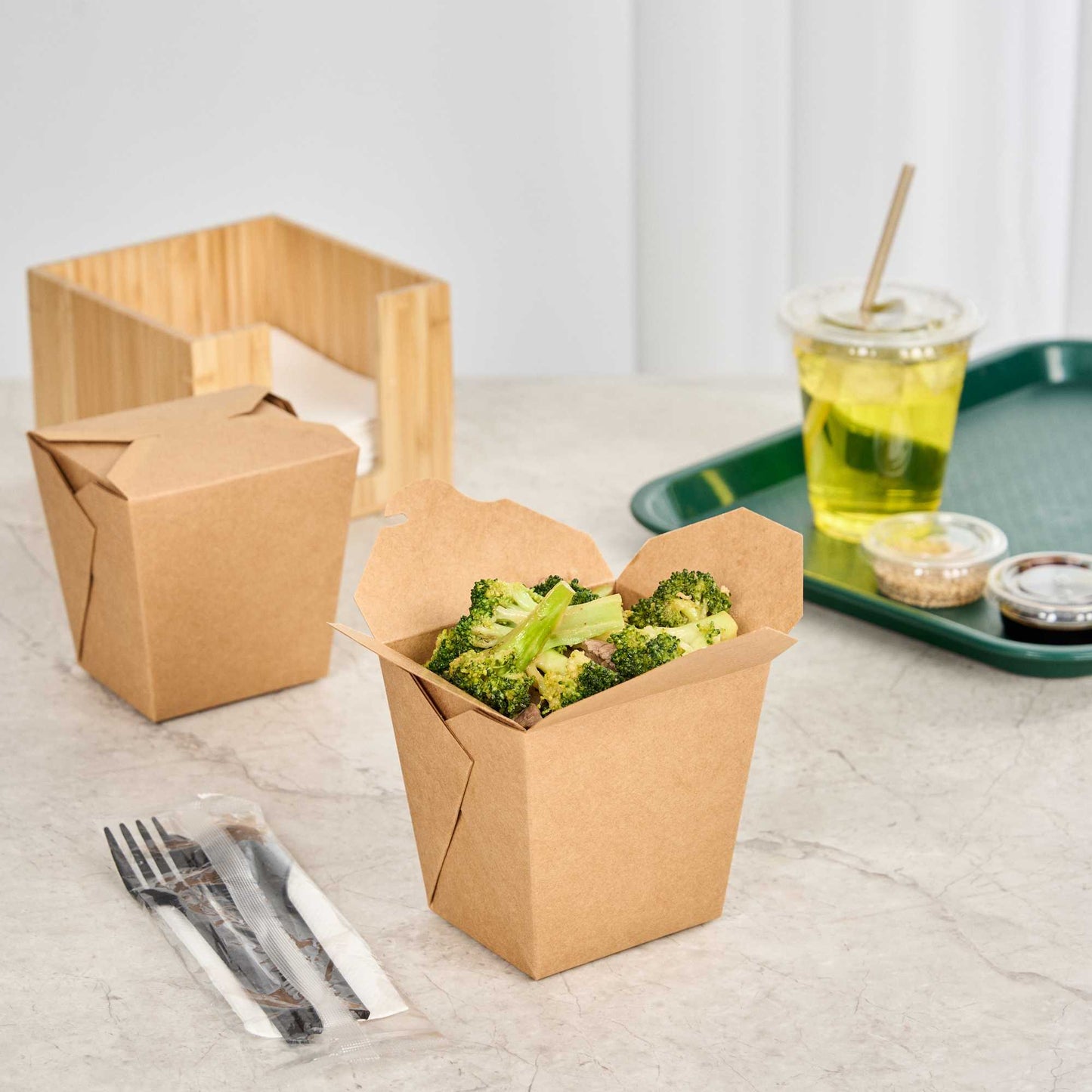 Bio Tek 26 oz Square Kraft Paper Noodle Take Out Container - 4" x 3 1/2" x 4" - 25 count box