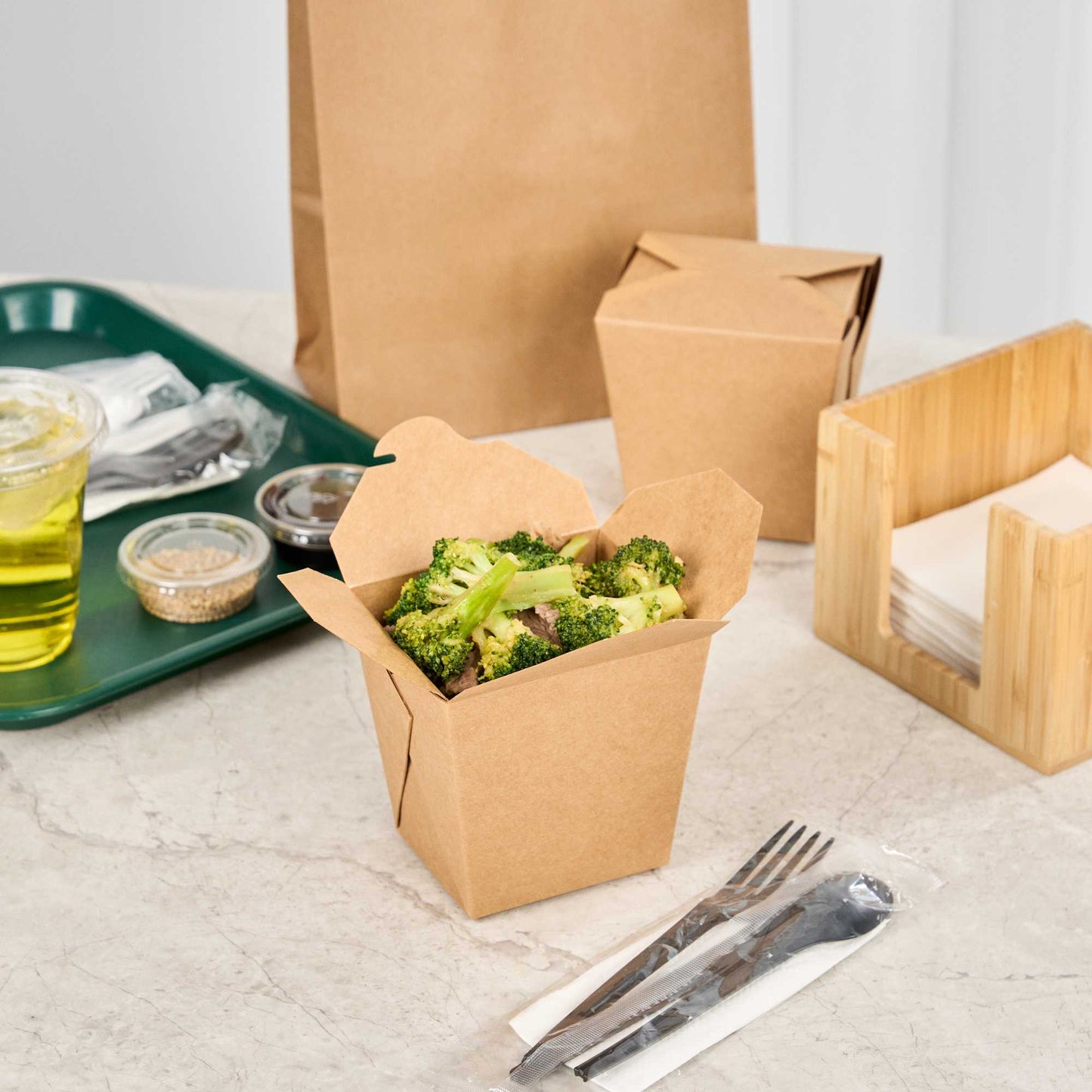 Bio Tek 26 oz Square Kraft Paper Noodle Take Out Container - 4" x 3 1/2" x 4" - 25 count box