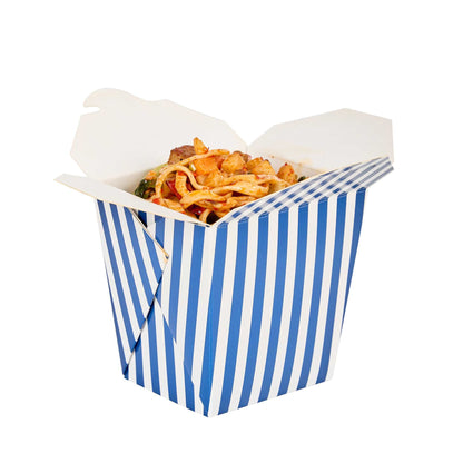 Bio Tek 26 oz Square Blue and White Stripe Paper Noodle Take Out Container - 4" x 3 1/2" x 4" - 50 count box