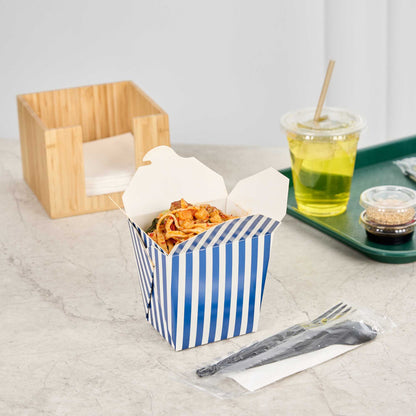 Bio Tek 26 oz Square Blue and White Stripe Paper Noodle Take Out Container - 4" x 3 1/2" x 4" - 50 count box