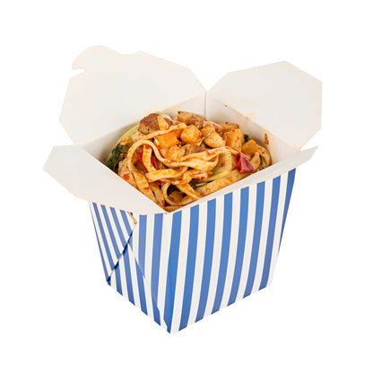 Bio Tek 26 oz Square Blue and White Stripe Paper Noodle Take Out Container - 4" x 3 1/2" x 4" - 50 count box