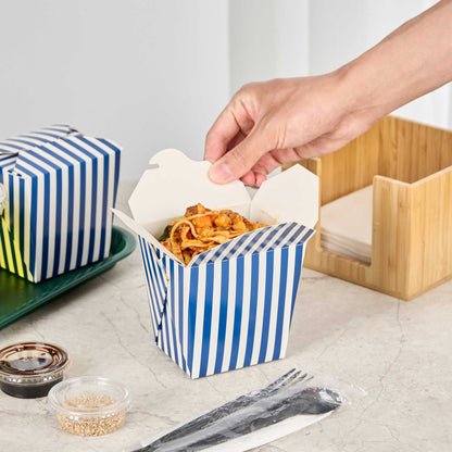 Bio Tek 26 oz Square Blue and White Stripe Paper Noodle Take Out Container - 4" x 3 1/2" x 4" - 50 count box