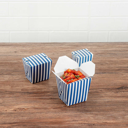 Bio Tek 26 oz Square Blue and White Stripe Paper Noodle Take Out Container - 4" x 3 1/2" x 4" - 50 count box