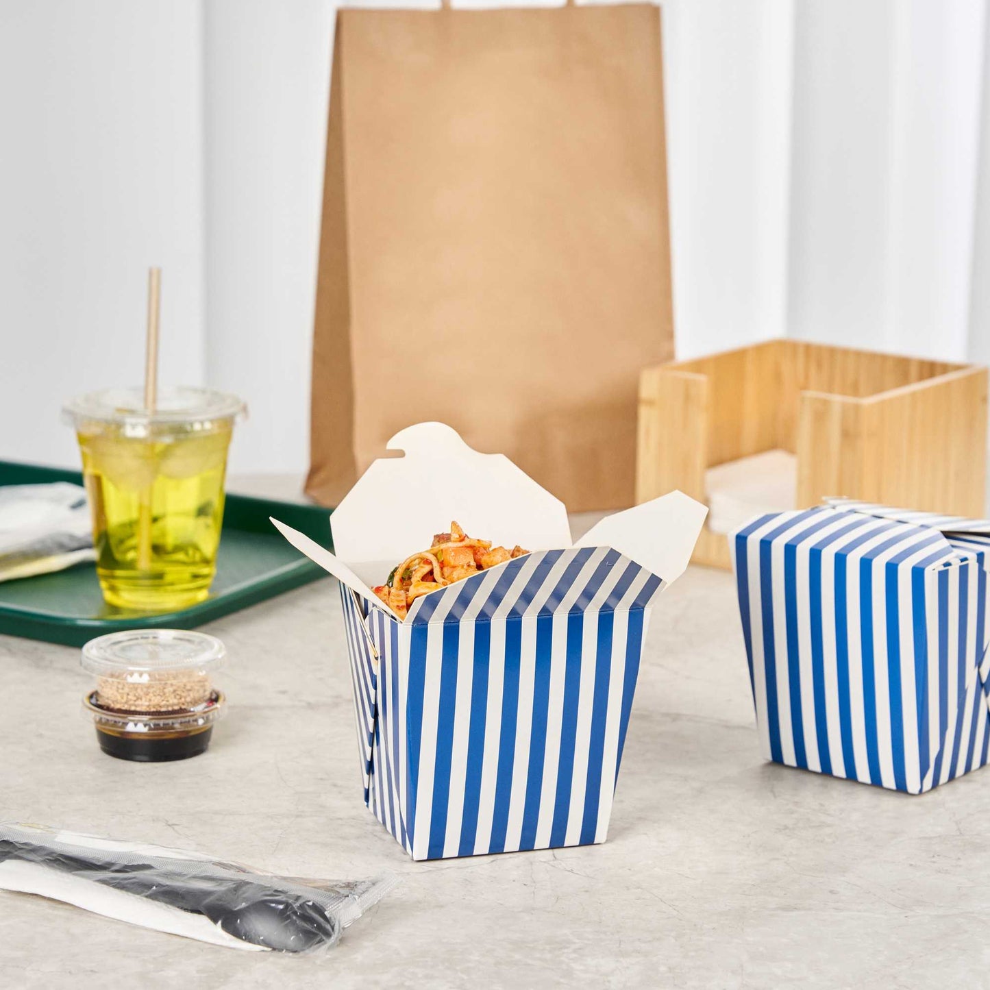 Bio Tek 26 oz Square Blue and White Stripe Paper Noodle Take Out Container - 4" x 3 1/2" x 4" - 200 count box