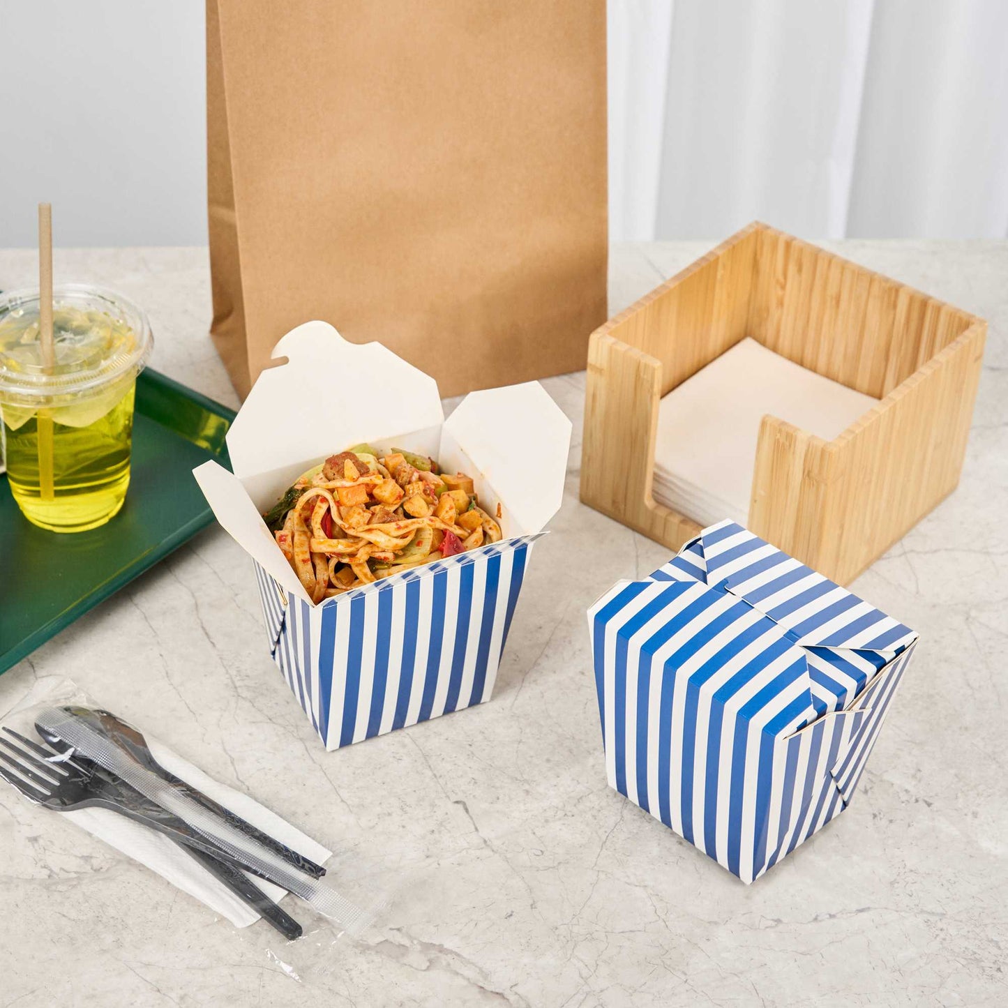 Bio Tek 26 oz Square Blue and White Stripe Paper Noodle Take Out Container - 4" x 3 1/2" x 4" - 200 count box